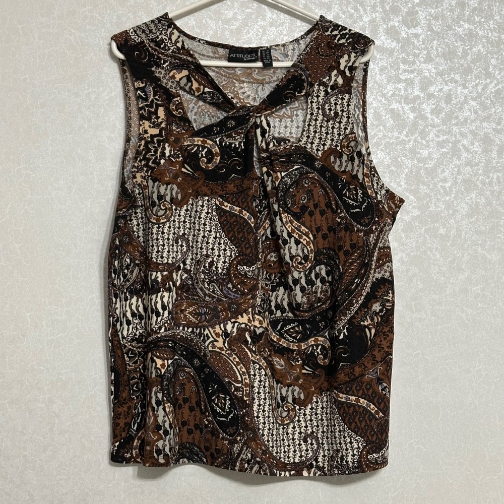 Attitudes by Renée Brown Paisley Sleeveless Blouse Keyhole Jersey Twist Top 1X‎